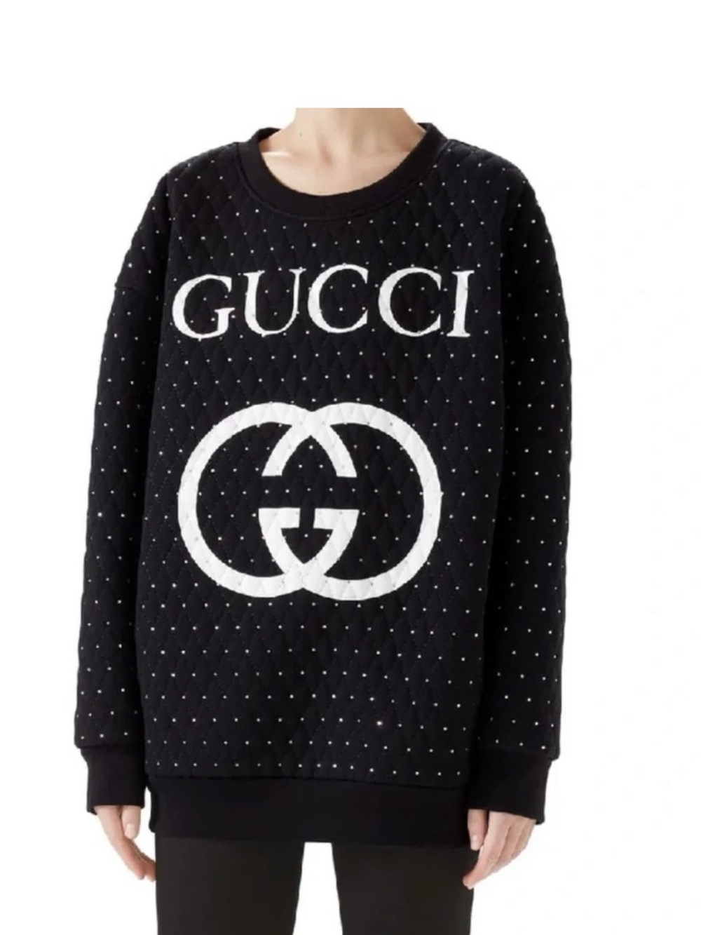 Gucci Black Quilted Crewneck Sweater with White Logo sz m